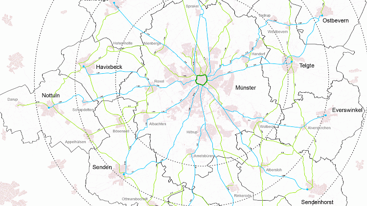Karte der Entwicklungsziele 2016 des stadtregionalen Alltagsradwegenetzes
