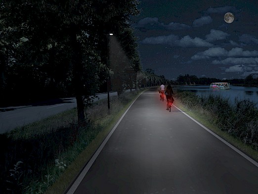 Adaptive Beleuchtung am Kanalseitenweg Nachtansicht (Simulation)