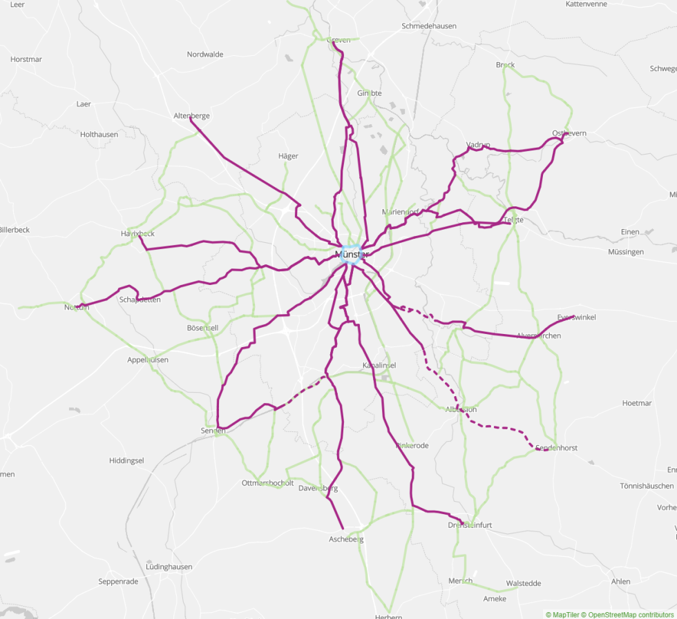Karte der 14 Velorouten zwischen Münster und elf umliegenden Kommunen