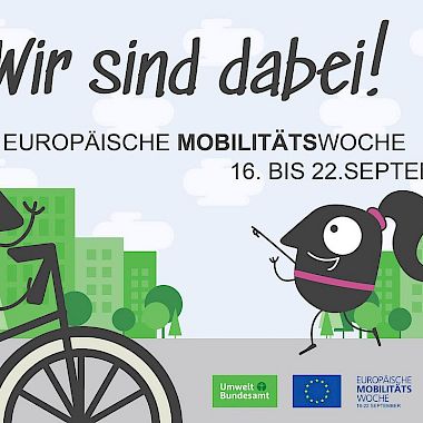 Die Maskottchen der Europäischen Mobilitätswoche sind auf dem Rad, zu Fuß und im Rollstuhl unterwegs.